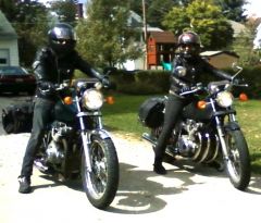 My wife and I on our classic 70's Suzuki sport bikes. My GS750 on left, her GS550 on right