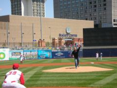 Throwing out the first pitch at a Mud Hens game.